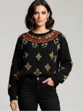 ** Vintage Black Bead Embellished Silk Angora Wool Blend Sweater Dress Size S